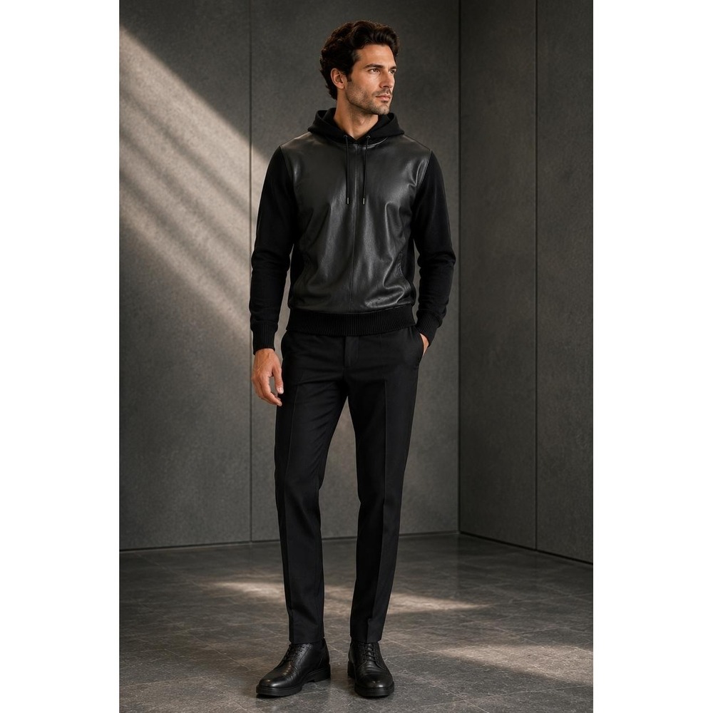 KENNETH COLE New Mens Black‎ Fuax Leather Hoodie Sweater MEDIUM Modern SM3U7516